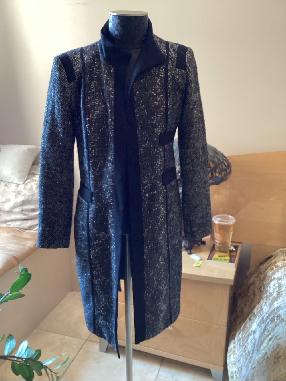Narciso Rodriguez Black and Gray Tweed Long Trench Coat